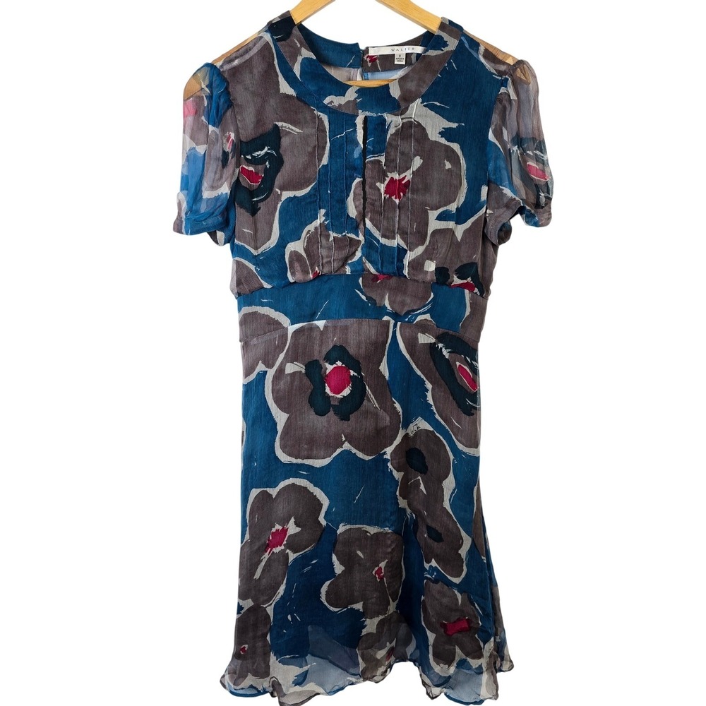 Vintage Walter Floral Print 100% Silk Short Sleeve Midi Dress Size 8 Chiffon Y2K
